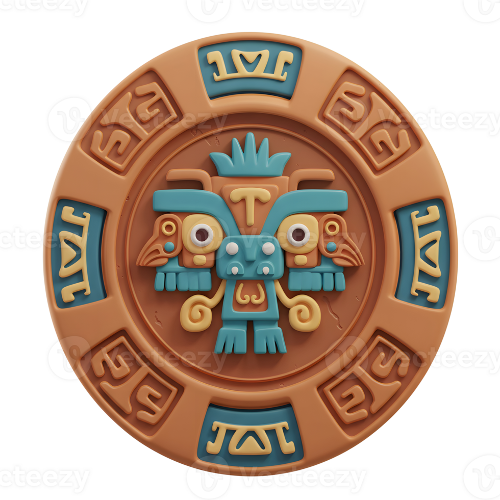 A captivating circular relief bursts with color Intricate Aztec-style carvings in teal and terracotta create a mystical, ancient mood. Notice the central deity and surrounding glyphs. png