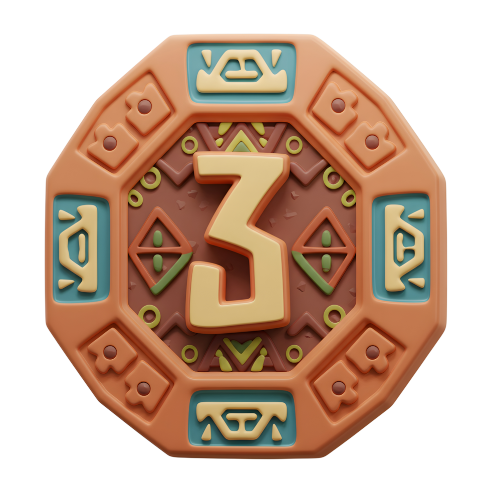 A vibrant, earthy 3D rendering of the number three, intricately designed within a stylized Aztec-inspired medallion. Warm tones and geometric patterns create a playful yet sophisticated mood. png