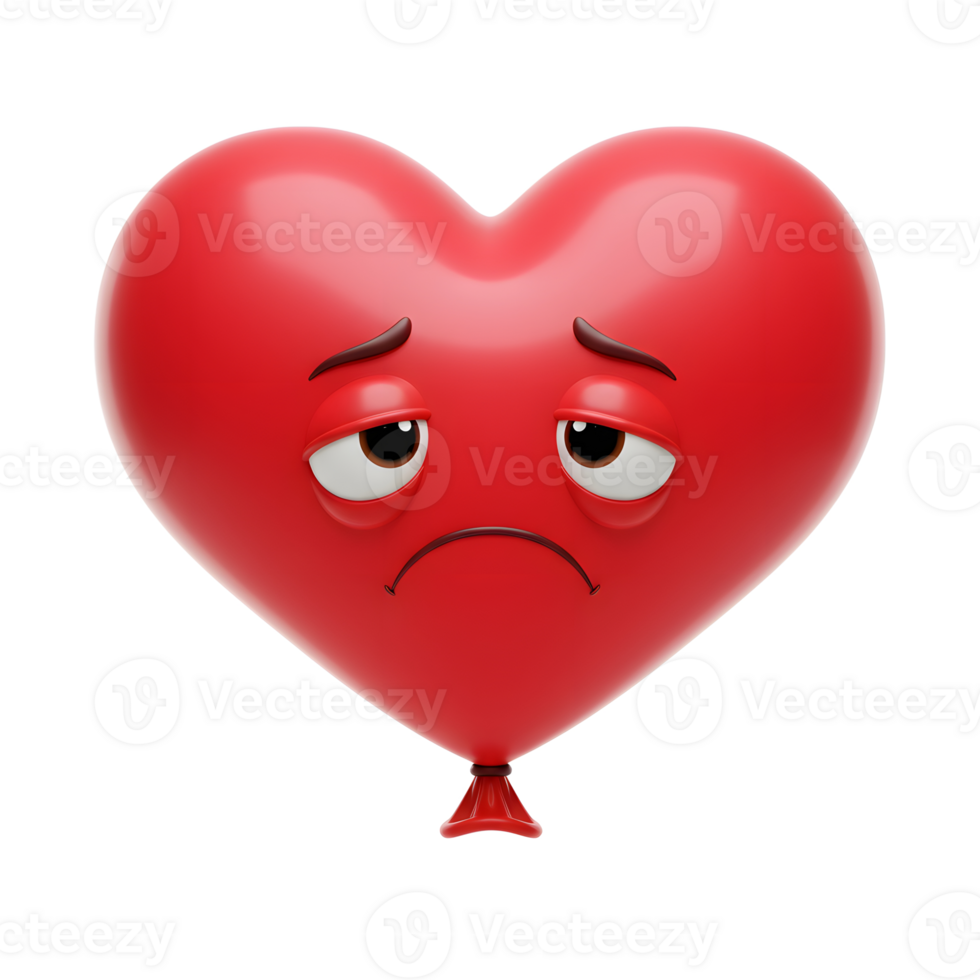 A lonely red heart-shaped balloon droops sadly, its downturned eyes and frown conveying a melancholic mood. Simple yet expressive. png