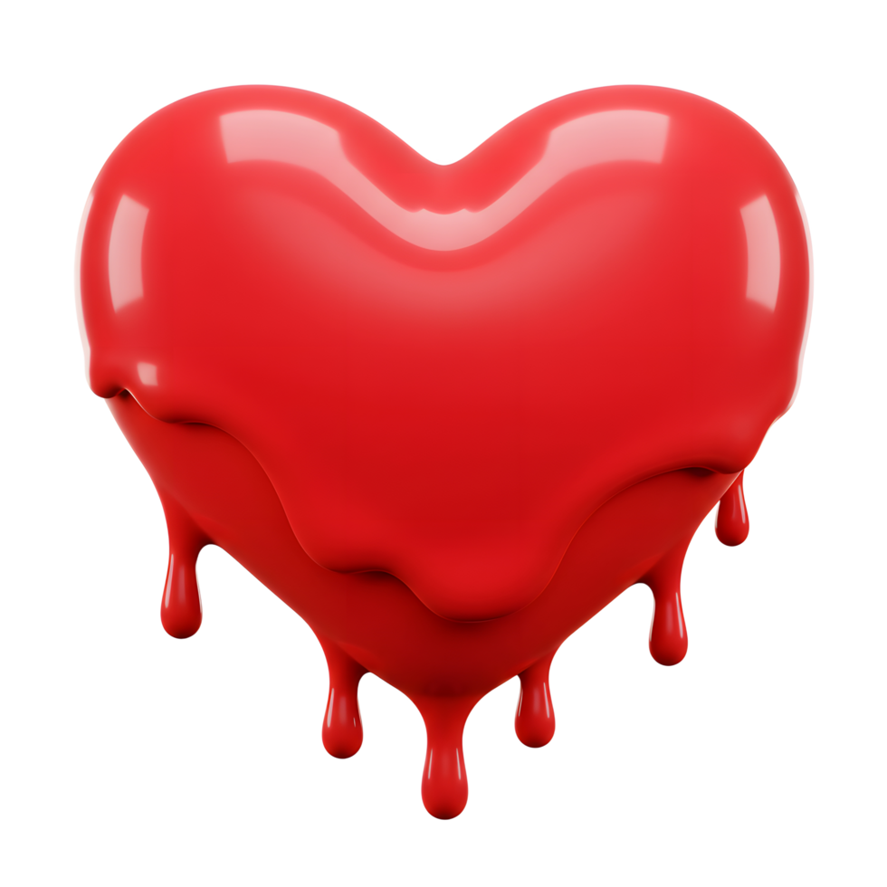 A vibrant red heart, rendered in 3D, melts dramatically, its glossy surface dripping with passion and a touch of melancholy. The image evokes a powerful emotional response. png
