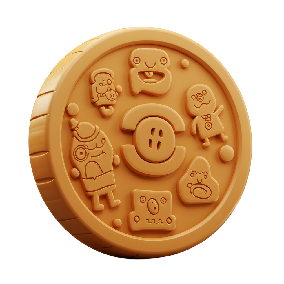 A charming golden coin features adorable cartoon creatures, each with unique expressions. The whimsical design creates a playful and joyful mood. png