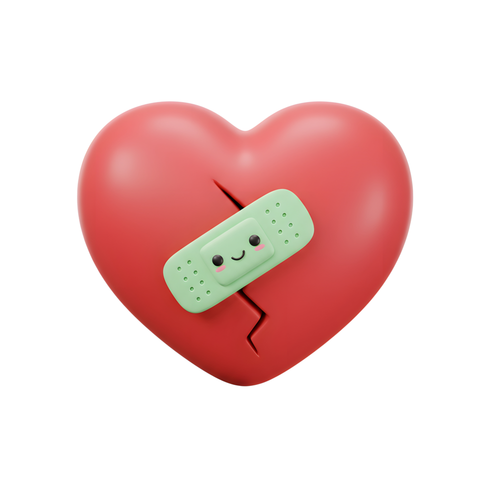 A charming 3D-rendered image shows a cracked red heart, playfully mended with a smiling green band-aid. It evokes feelings of hope and healing. png