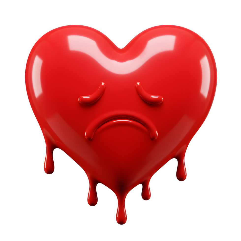 A glossy red heart, dripping with sadness. Its melancholic emoticon conveys heartbreak and emotional distress. png