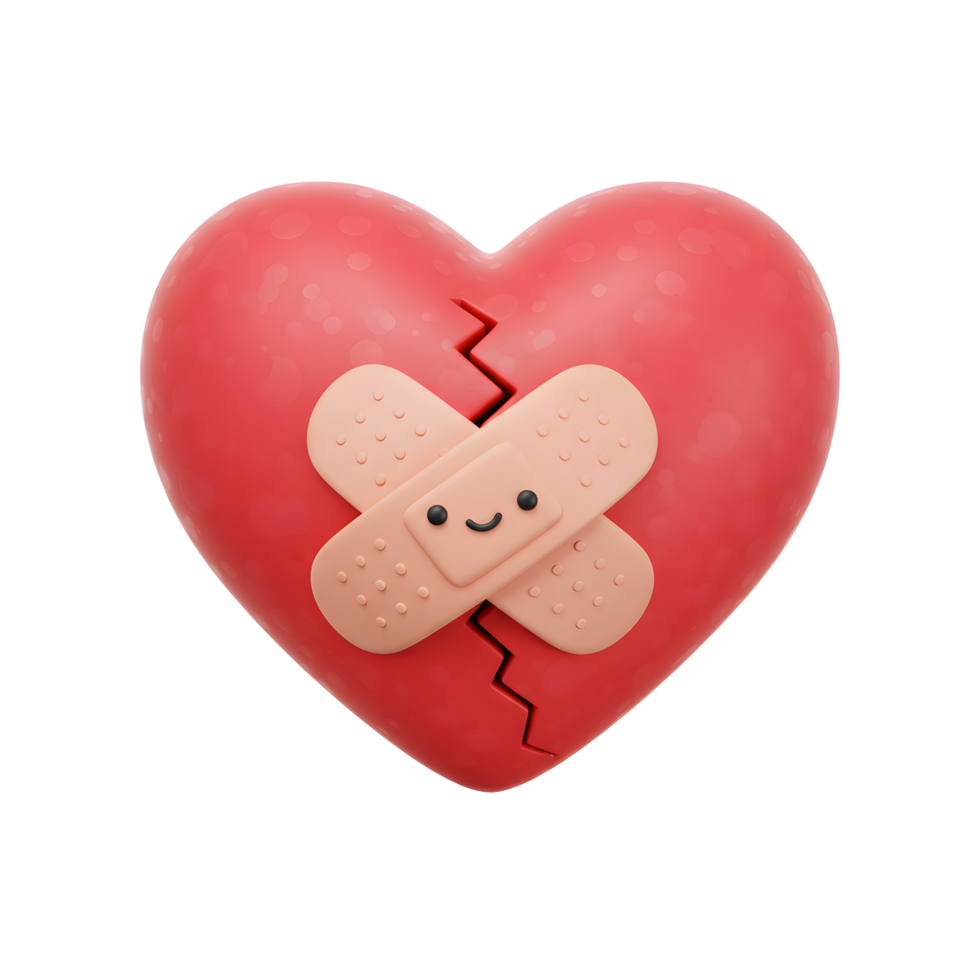 A cracked red heart is playfully mended with a smiling bandage. Sweet, hopeful, and charmingly naive, this 3D render evokes feelings of healing and resilience. png