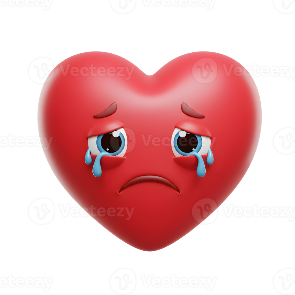 A heart-shaped emoji weeps with sadness, its glossy red surface reflecting a melancholic mood. The teardrops and downturned mouth convey deep sorrow. png