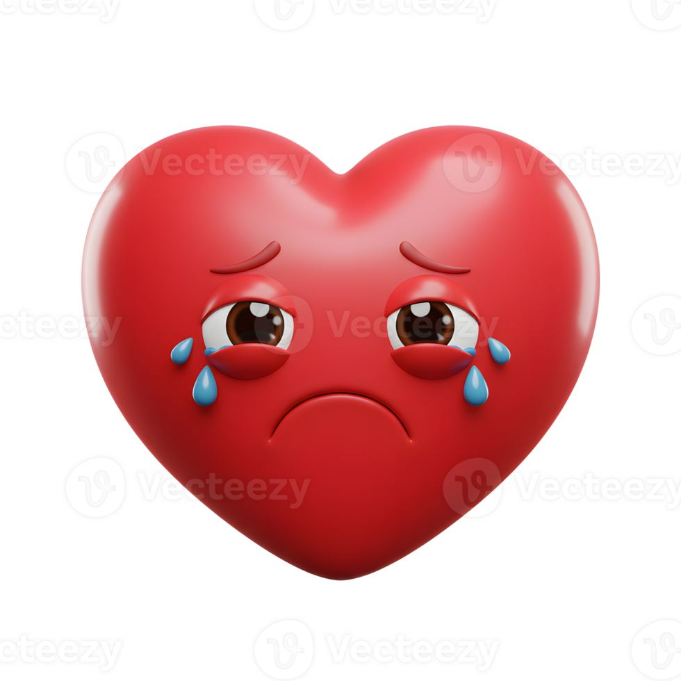 A 3D-rendered red heart, tearfully sad. Its glossy surface and downturned eyes convey deep emotion. A poignant image of heartbreak. png