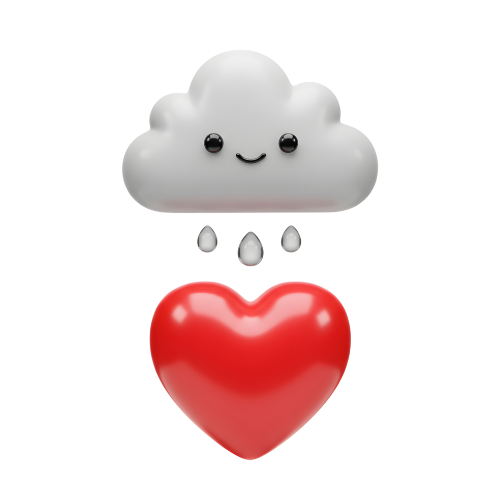 A happy cloud gently showers a shiny red heart with love. Sweet, simple, and charming 3D design. png