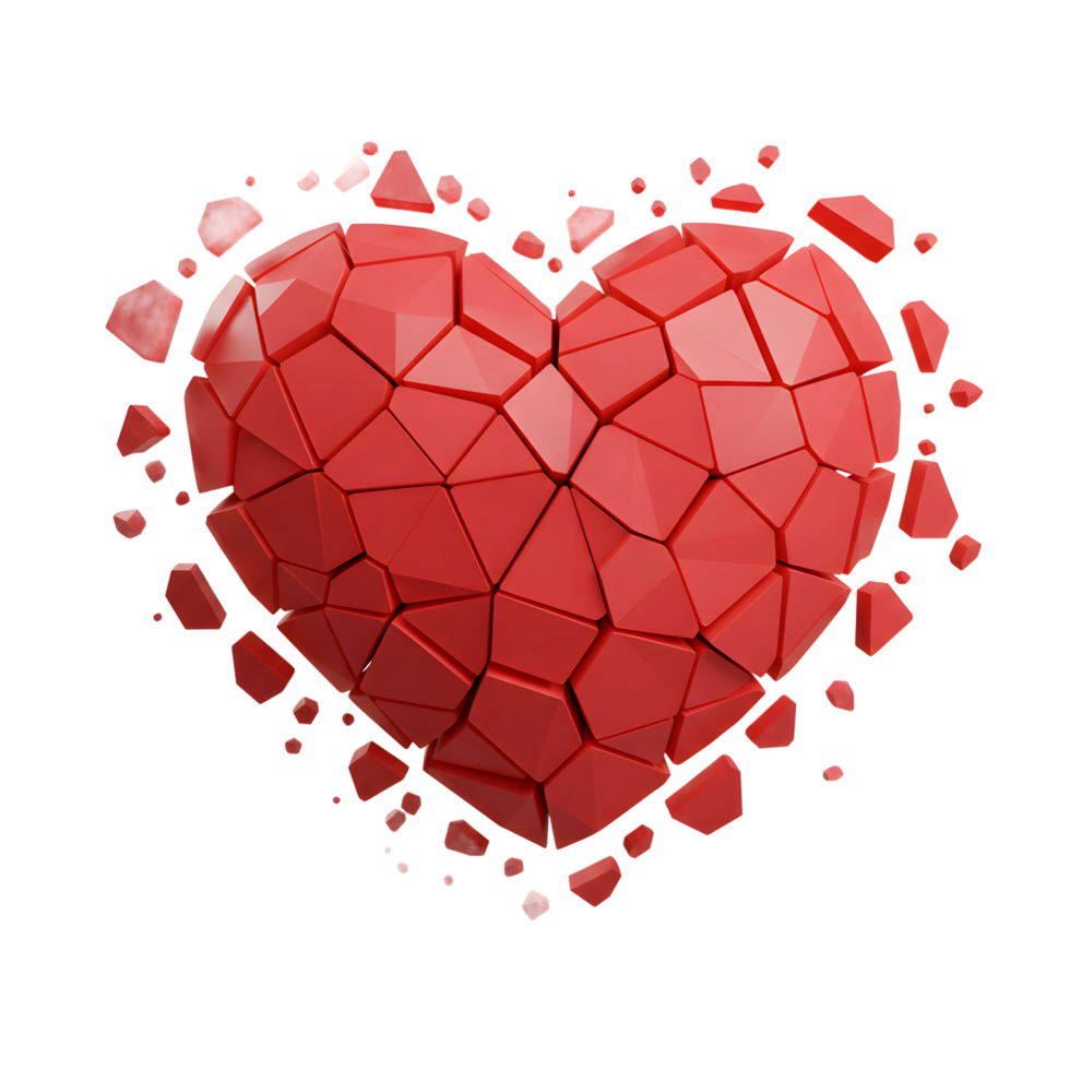 A vibrant red heart explodes into geometric fragments, its sharp edges contrasting with a somber mood. The pieces scatter, suggesting loss or heartbreak. png