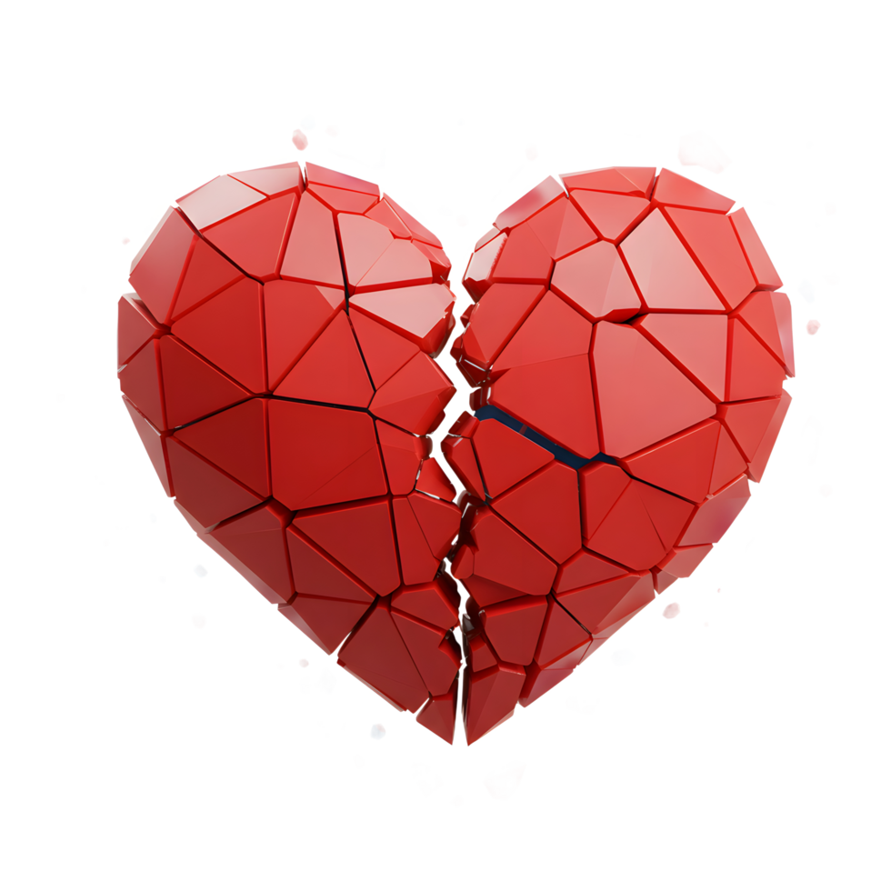 A vibrant red heart, fractured into geometric pieces, explodes against a stark white background. Sharp edges and contrasting colors create a dramatic, melancholic mood. png