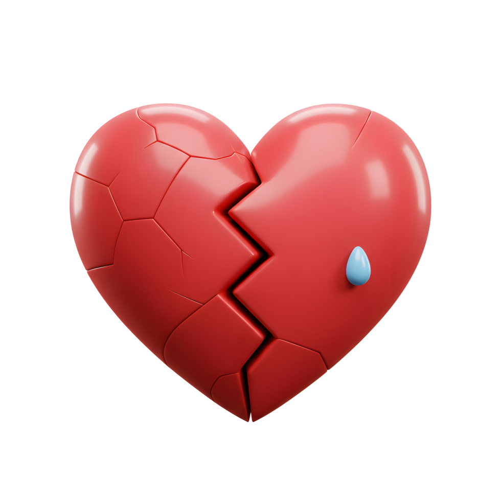 A poignant 3D render of a cracked red heart, a single tear signifying heartbreak. The glossy surface and sharp cracks create a striking visual. png