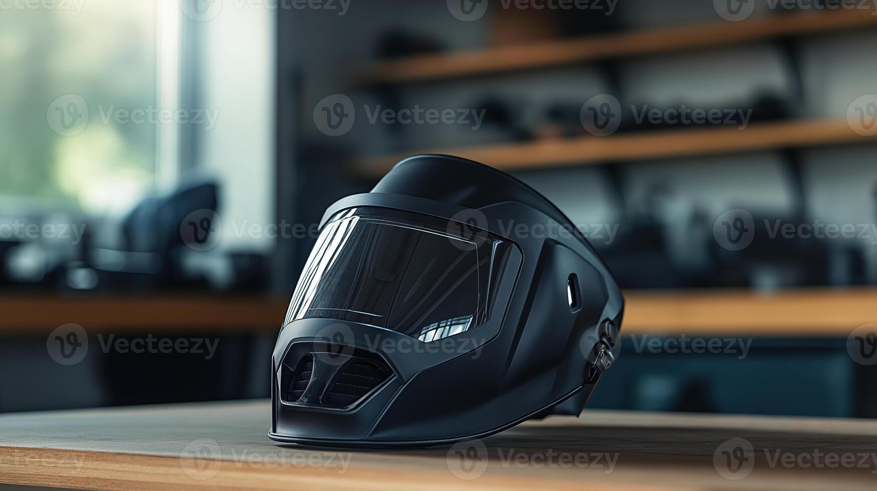 Labour Day. Modern black welding helmet on a table photo