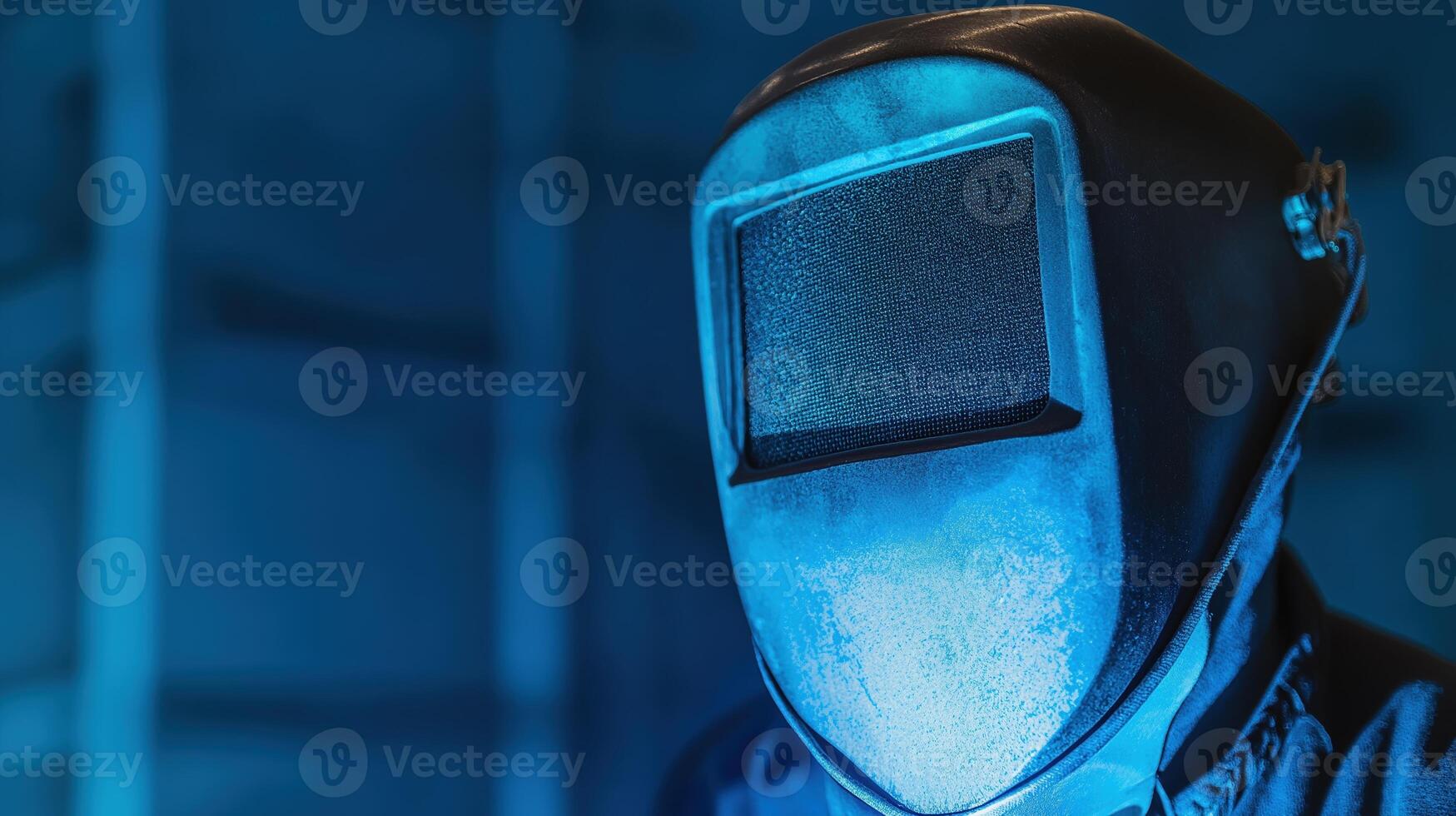 Labour Day. Worker wearing a welding helmet in blue light photo