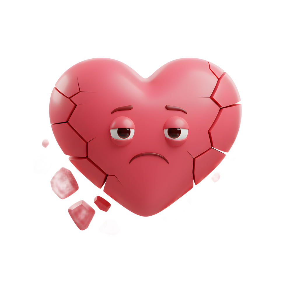 A pink heart, cracked and falling apart, wears a melancholic expression. The fragments scatter around, creating a poignant, emotional scene. png