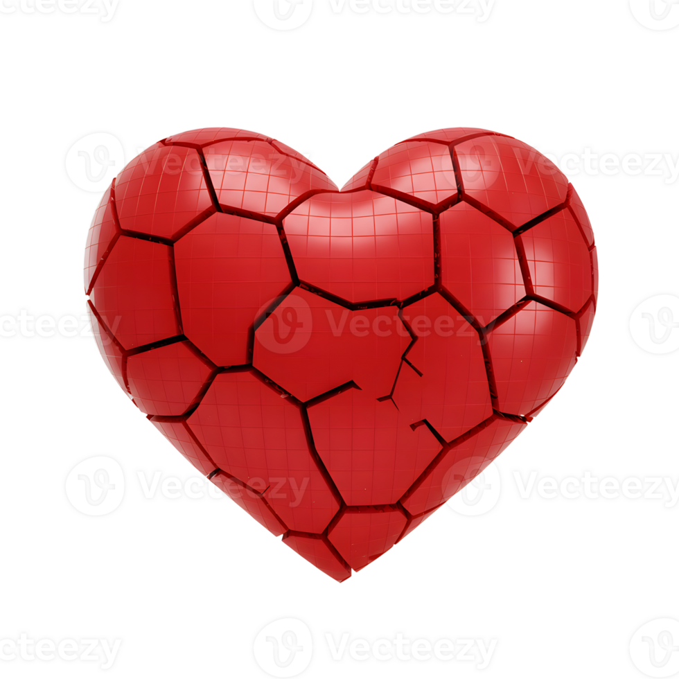 A striking image of a red heart, fractured into geometric polygons. The glossy surface and stark cracks evoke feelings of heartbreak and vulnerability. A poignant visual metaphor. png
