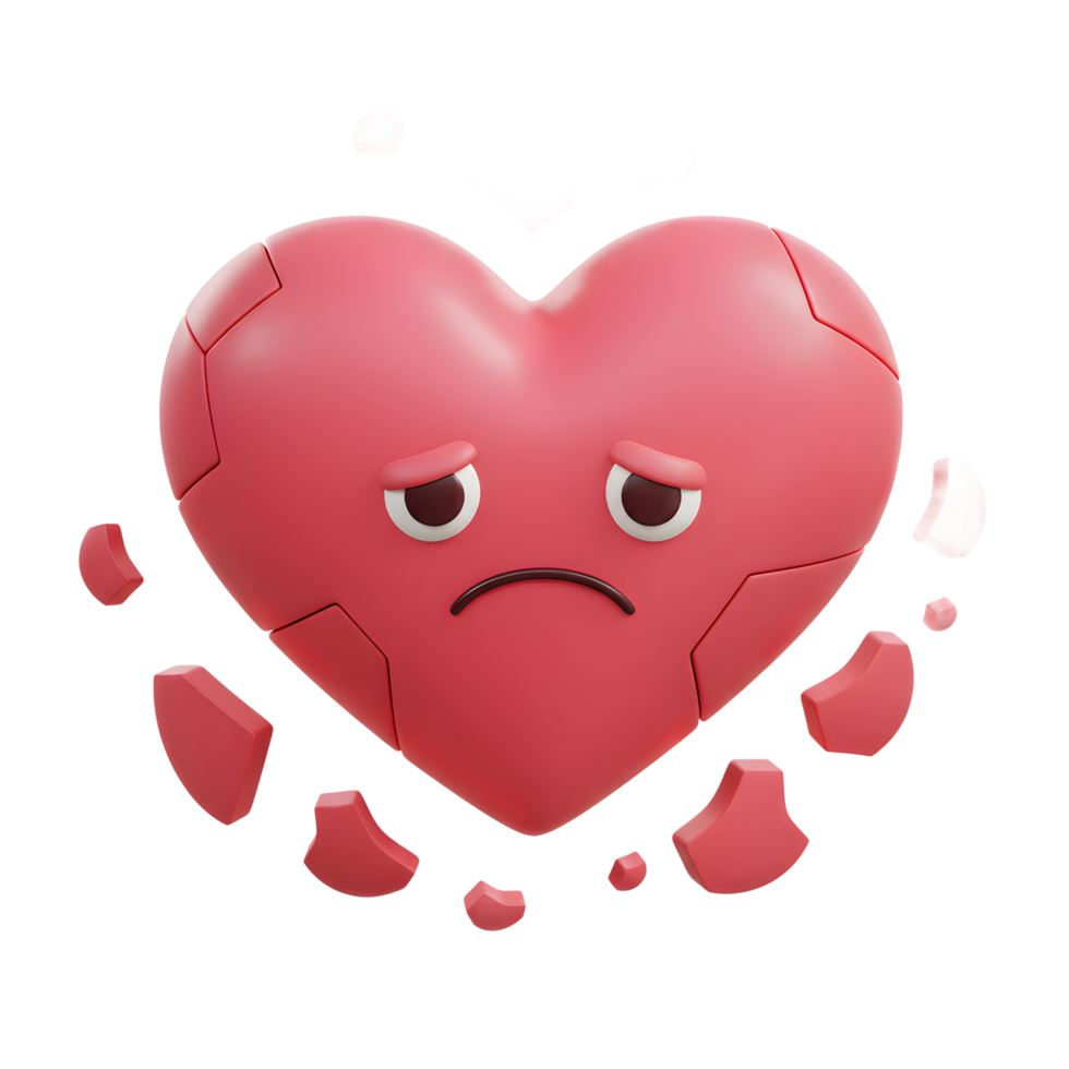 A pink heart, rendered in 3D, crumbles into pieces, expressing profound sadness. Its downturned eyes and frown convey deep sorrow. A melancholic scene. png