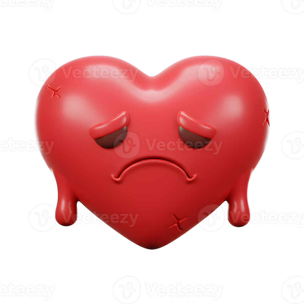 A 3D-rendered heart, red and glossy, weeps with sadness. Cracks mar its surface, conveying heartbreak. Melancholy and tender. png