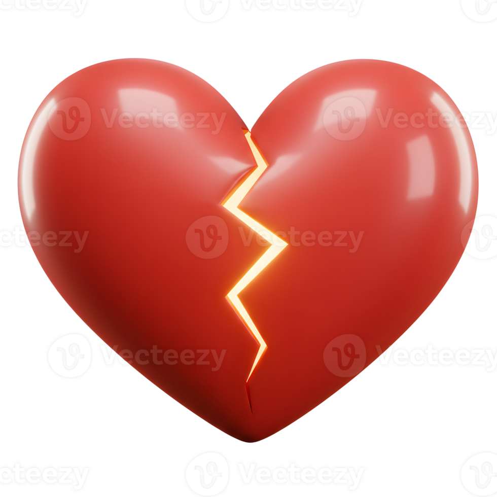 A vibrant red heart, rendered in 3D, dramatically splits apart, revealing a glowing crack. The glossy surface and inner light create a poignant, emotional image. png