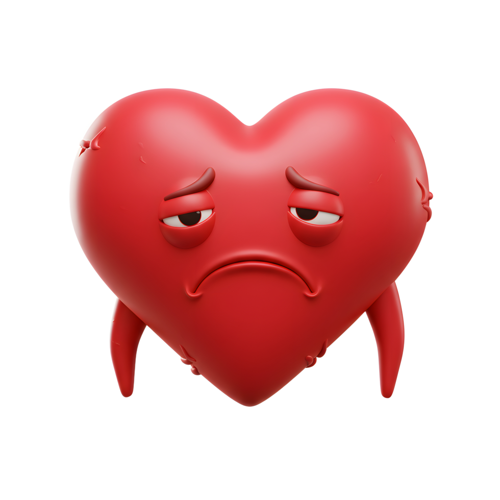 A charming 3D-rendered red heart emoticon wears a melancholic expression, its slightly imperfect form adding to its endearing sadness. A touch of whimsy. png