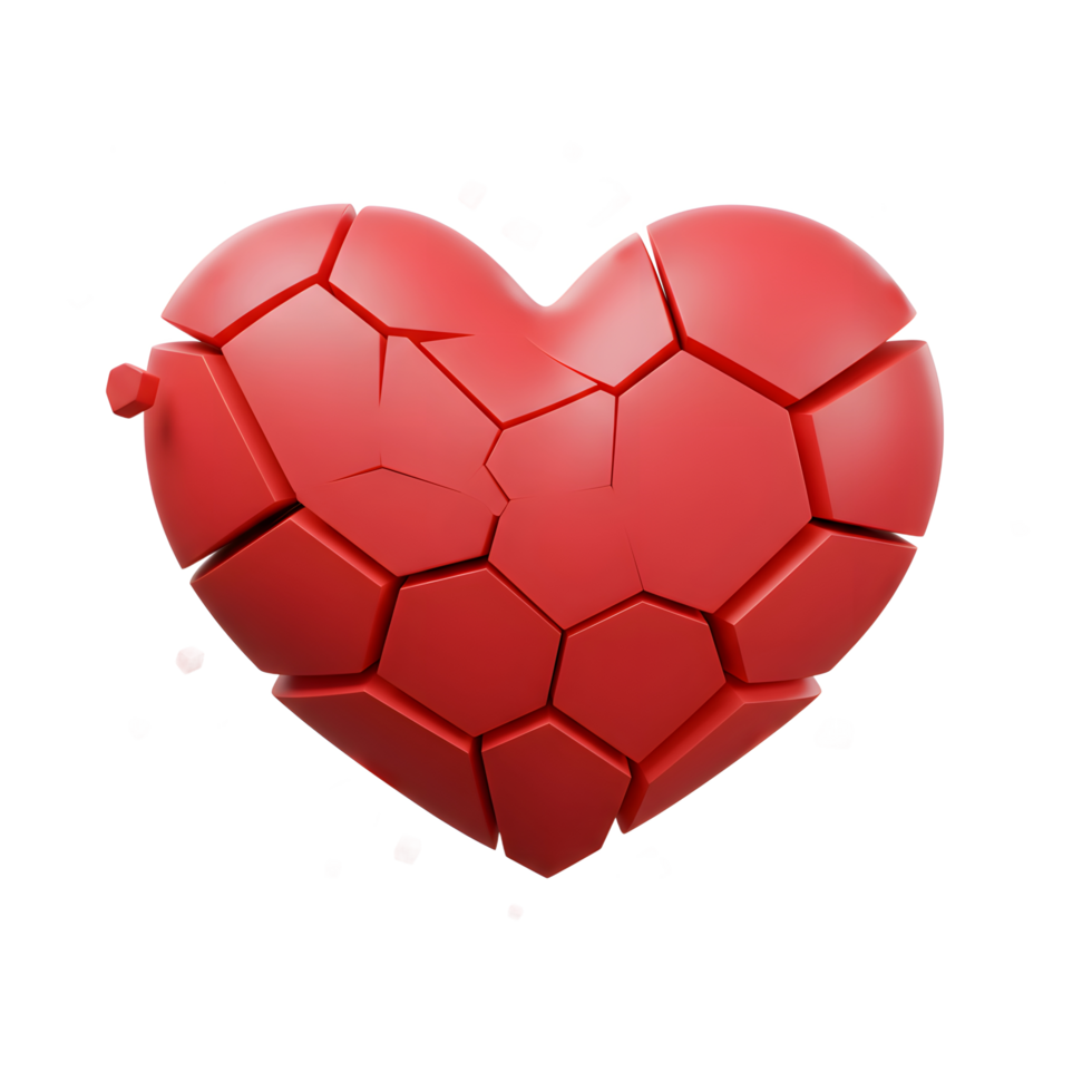 A vibrant red heart, fractured into geometric pieces, evokes a sense of heartbreak. Sharp edges contrast with the smooth, glossy surface, creating a dramatic visual. png