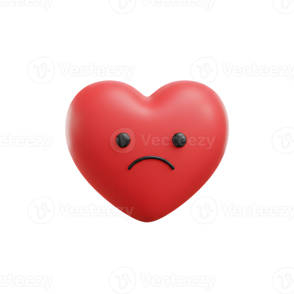 A single, red, 3D heart expresses sadness with a downturned frown. Simple, yet poignant, it evokes feelings of melancholy. png