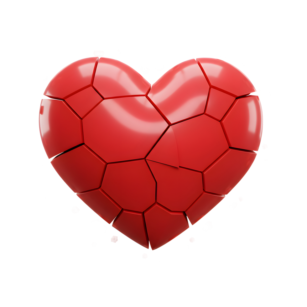 A vibrant red heart, fractured into geometric pieces, dramatically explodes against a stark white backdrop. The glossy shards create a poignant, melancholic mood. png