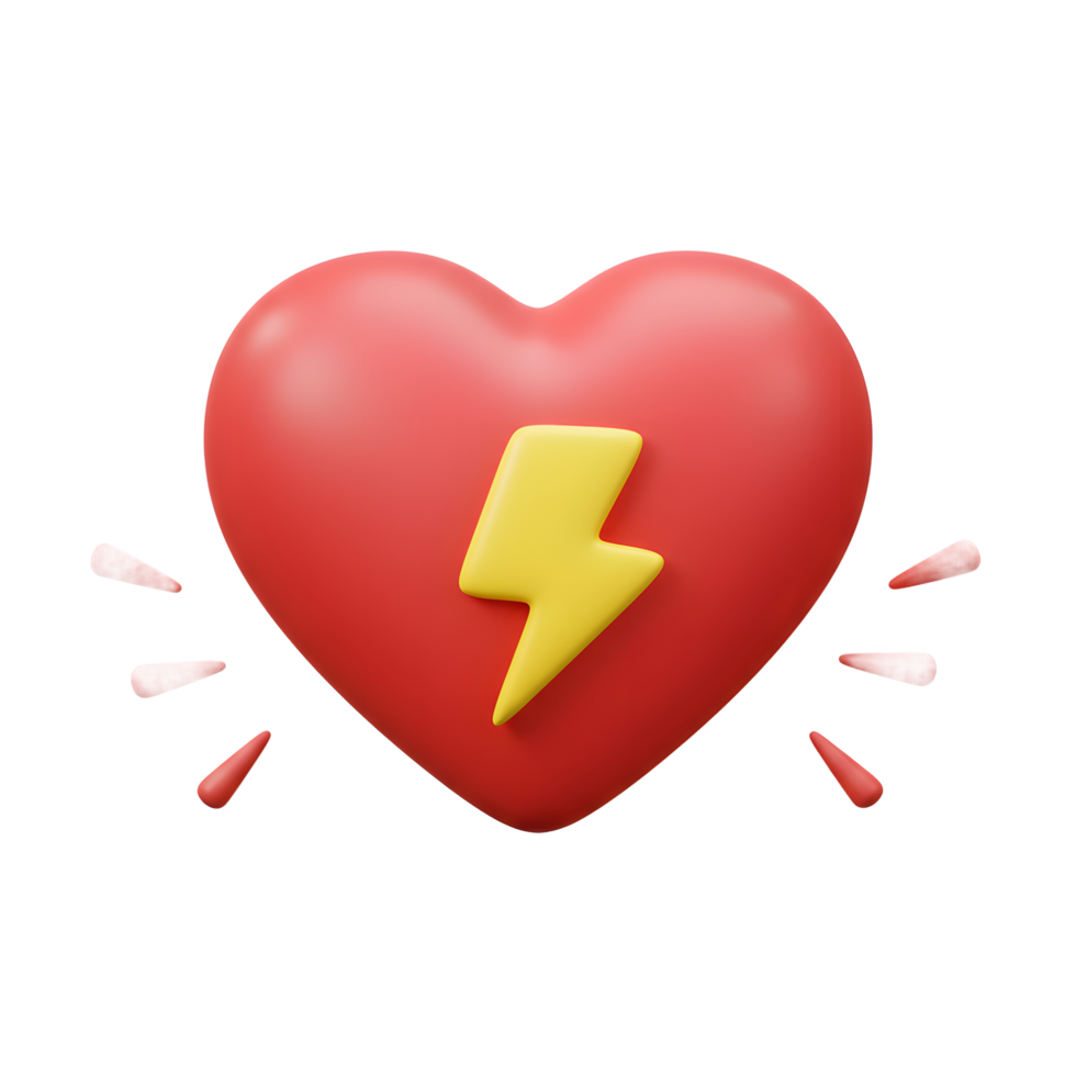 A playful 3D heart bursts with energy A vibrant red heart features a yellow lightning bolt, surrounded by cheerful bursts. Fun and energetic png