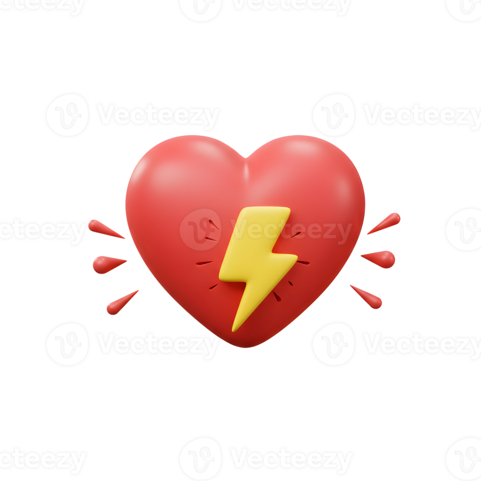 A vibrant red heart pulses with energy, a bright yellow lightning bolt at its center. Small bursts surround it, creating a lively and joyful mood. png