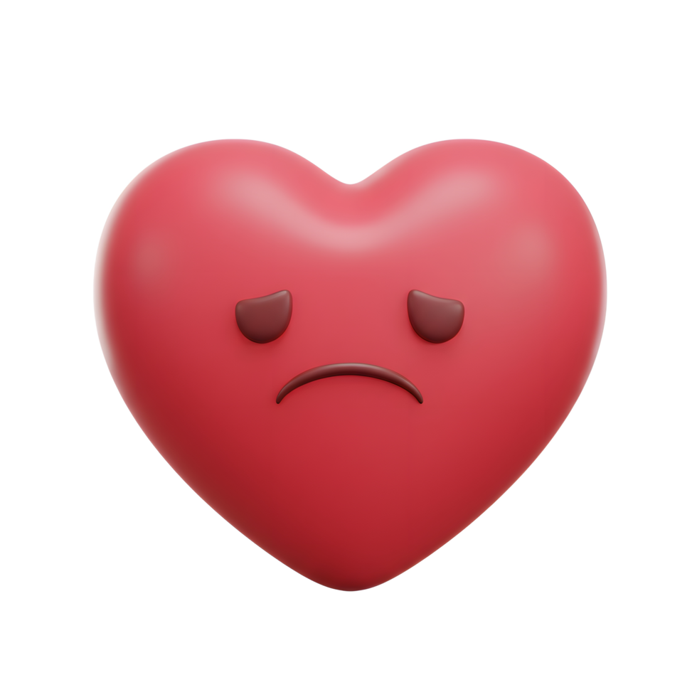 A plump, red heart wears a frown. Its simple design evokes a feeling of gentle sadness, a quiet melancholy. The smooth, glossy texture adds to its soft expression. png