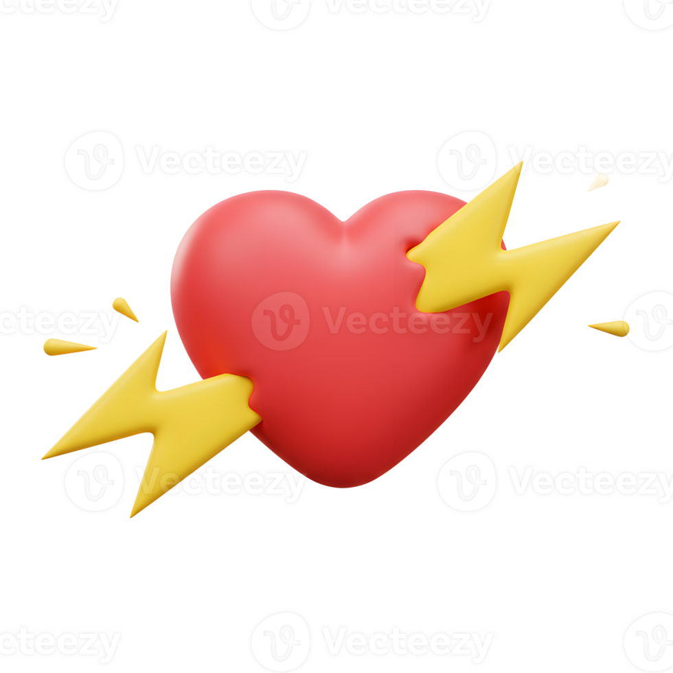 A vibrant red heart is playfully pierced by two dynamic yellow lightning bolts, creating a bold and energetic visual. The cheerful style suggests excitement and passion. png
