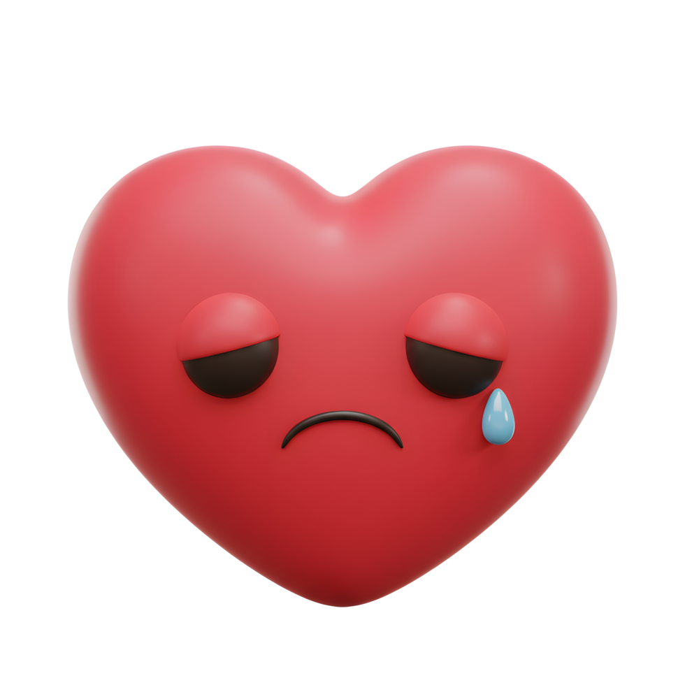 A heart-shaped emoji weeps a single tear. Its downturned eyes and sad mouth convey deep sorrow. The 3D render gives it a soft, melancholic feel. png