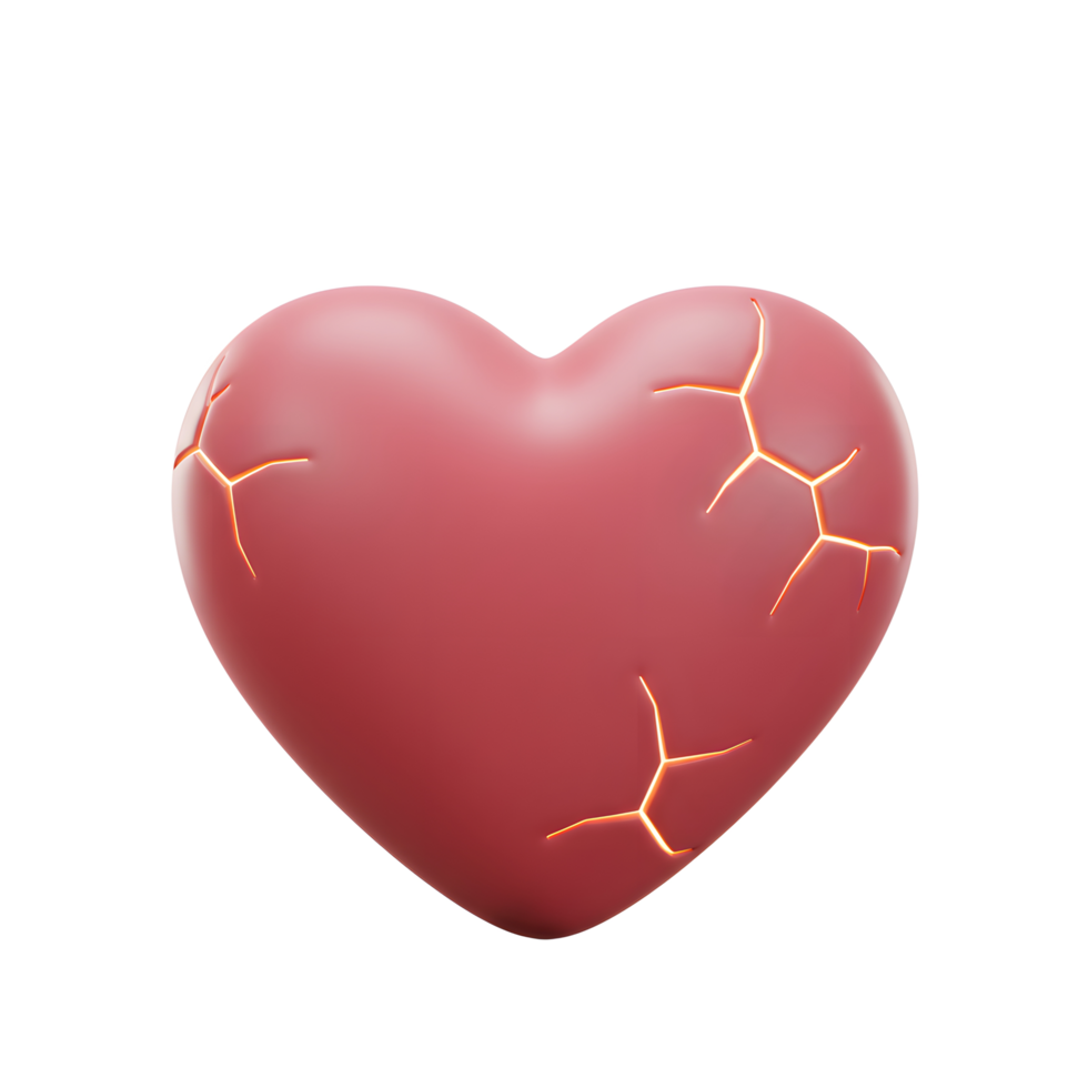 A 3D-rendered heart, softly glowing from within its cracks, evokes a poignant feeling of heartbreak. The minimal style emphasizes the fragility of love. png