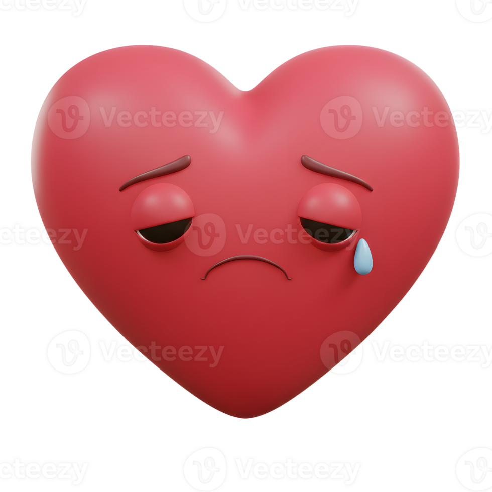 A red heart, rendered in 3D, weeps a single tear. Its downturned mouth and eyes convey profound sadness, creating a poignant and melancholic mood. png