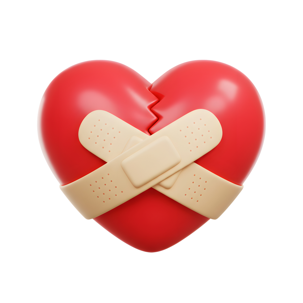 A cracked red heart, mended with beige bandages, evokes a poignant mood. The 3D style adds a touch of modern simplicity. Healing and hope. png
