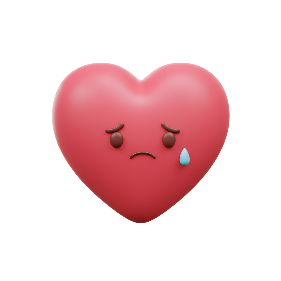 A rosy heart, rendered in 3D, weeps a single tear. Its downturned expression conveys sorrow and melancholy in a minimalist style. png