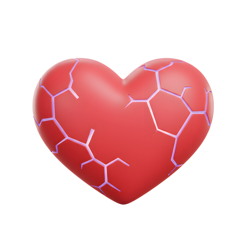 A vibrant red heart, artistically fractured into geometric pieces, glows with subtle purple energy. It evokes feelings of heartbreak and vulnerability. png