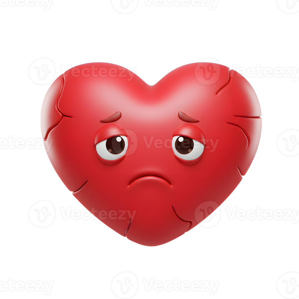 A cracked, red heart emoticon sadly gazes forward. Its melancholic expression and texture create a somber mood. png