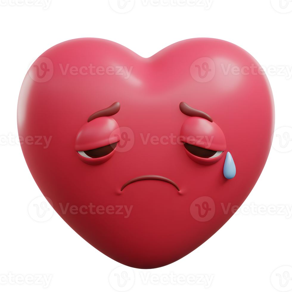 A 3D heart, rendered with a sorrowful expression, sheds a single tear. The image evokes a feeling of melancholy and gentle sadness. png