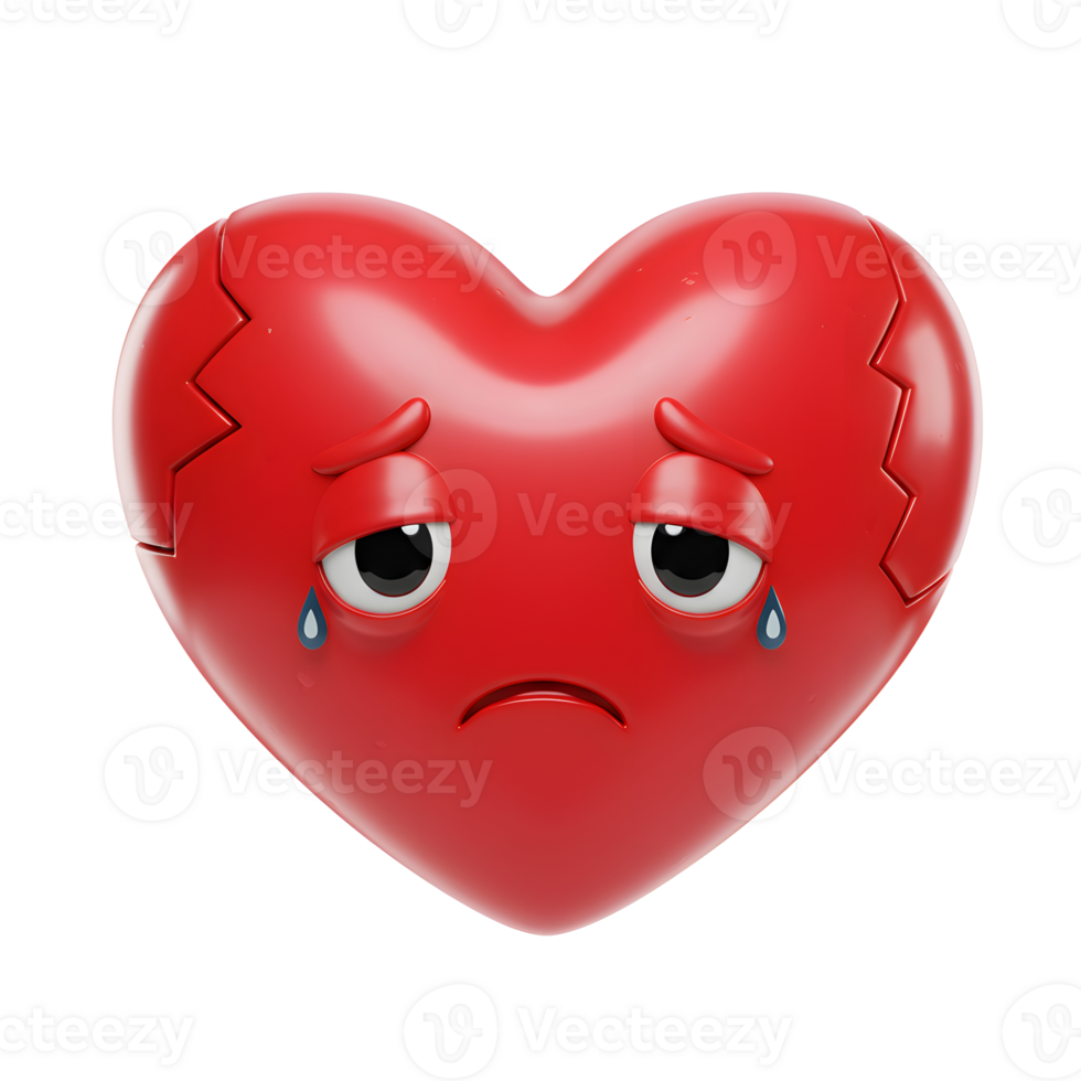 A 3D-rendered heart, cracked and sorrowful, weeps single tears. Its glossy red surface and melancholic expression evoke feelings of heartbreak and sadness. png