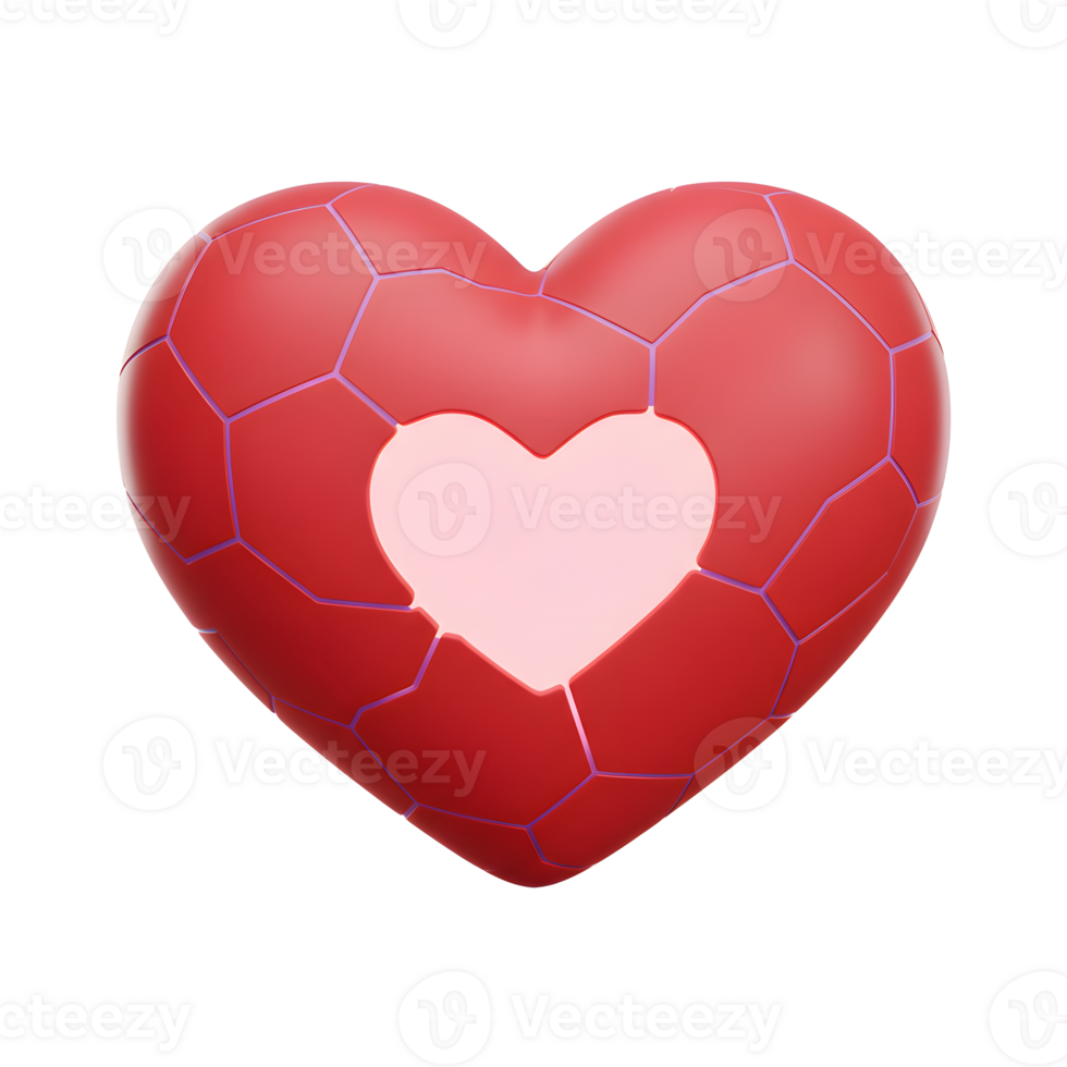 A striking red heart, rendered in a geometric style, features a smaller, pale pink heart within its segmented form. The image evokes feelings of modern love and design. png