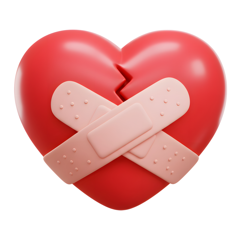 A cracked red heart, tenderly held together by crossed bandages. A poignant image of healing and hope. Simple, yet emotionally resonant. png