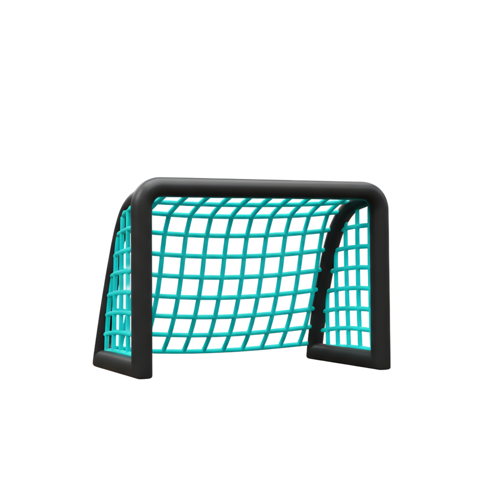 A vibrant teal net stretches within a sleek black frame, forming a simple yet striking soccer goal. Clean lines and bold colors create a modern feel. png