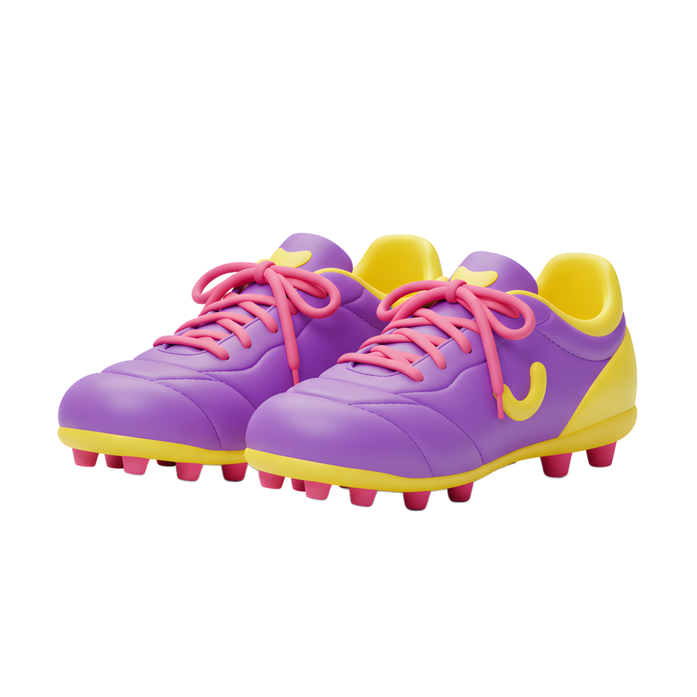 A pair of vibrant purple soccer cleats with yellow accents and pink laces sits playfully against a white background. Their cheerful design creates a fun, energetic mood. png