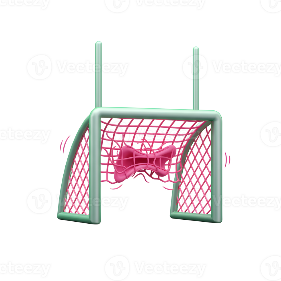 A vibrant pink bow bursts through a pastel green soccer goal net in this fun, playful 3D rendering. The unexpected scene creates a lighthearted and charming mood. png