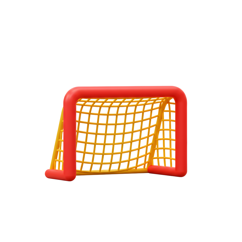 A cheerful mini hockey goal, vibrant red and sunny yellow, stands ready for action. Simple, bold colors create a playful mood. png