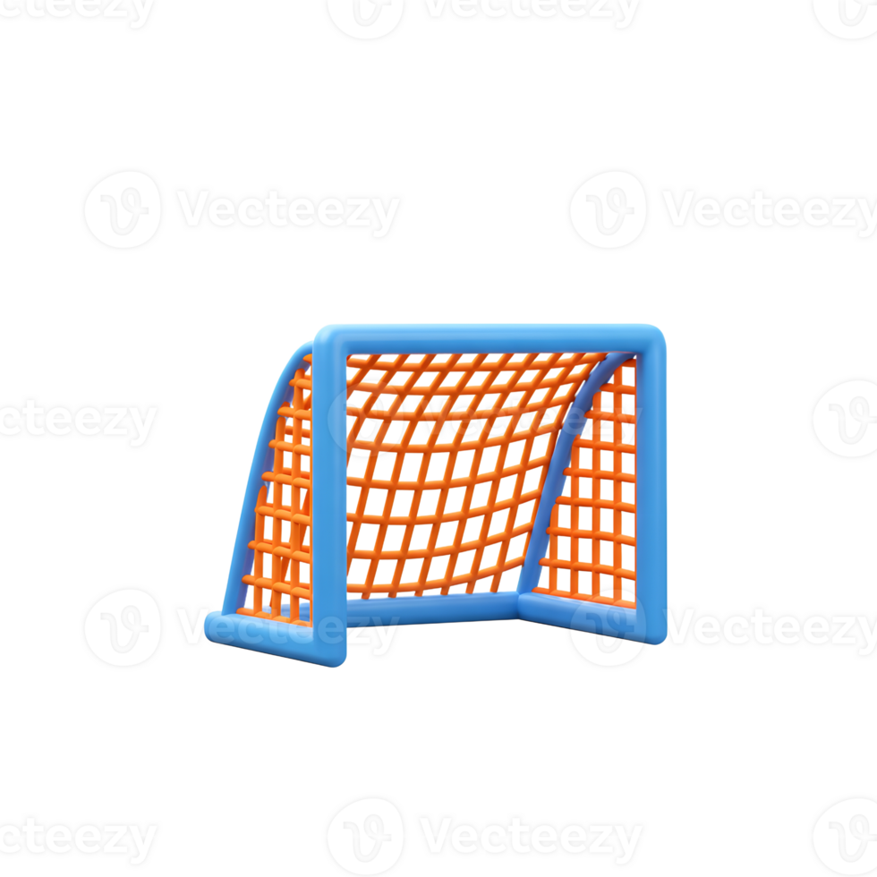 A cheerful 3D rendering of a small soccer goal, boasting vibrant blue and orange hues. Its playful design evokes a sense of fun and lightheartedness. png
