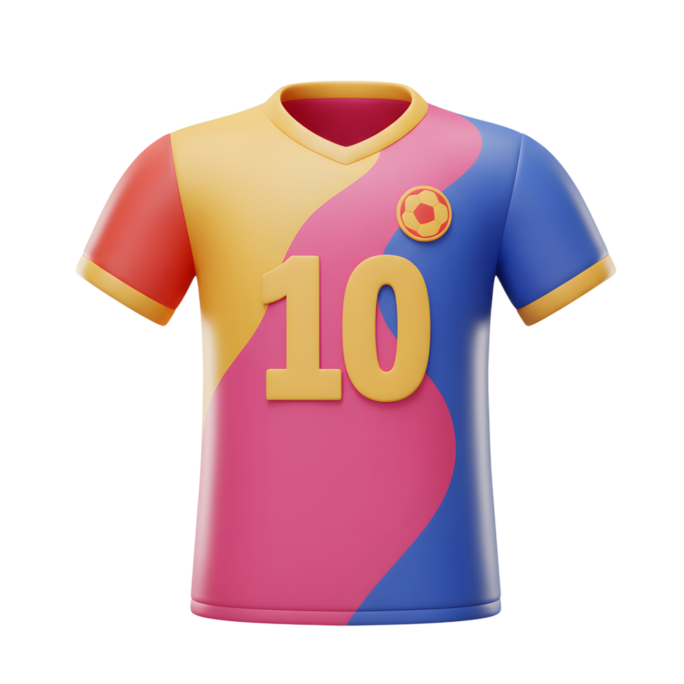 A vibrant soccer jersey, number 10, features a playful abstract design in bold pink, yellow, and blue. The cheerful mood is perfect for a fun, sporty feel. png