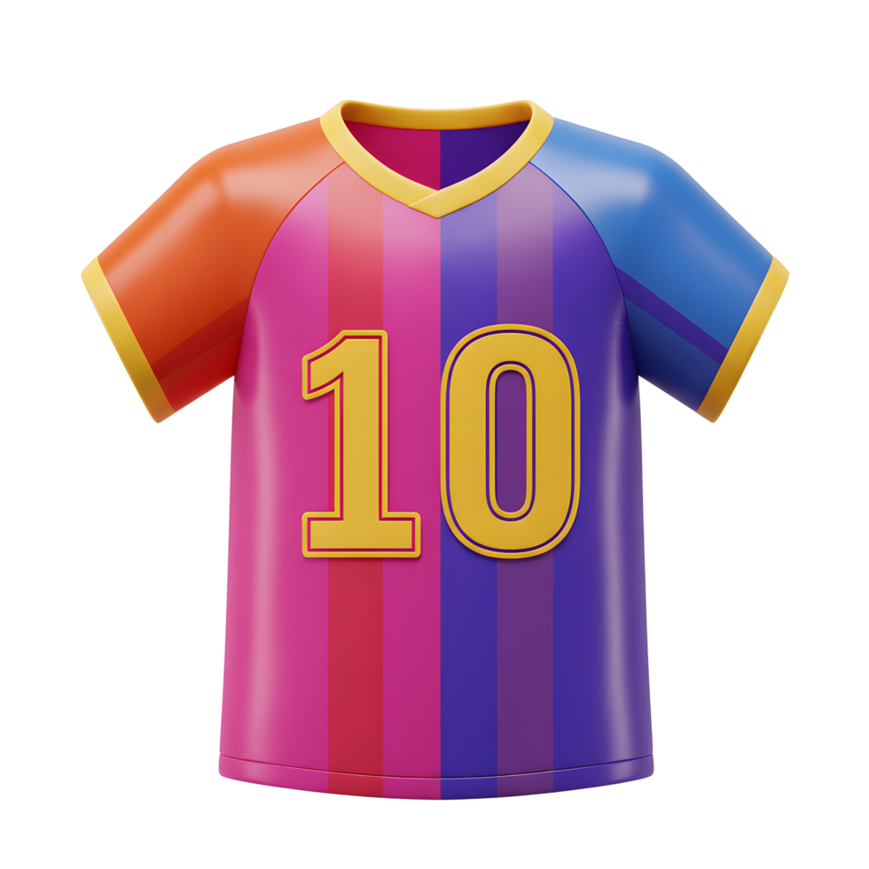 A playful, colorful soccer jersey boasts a rainbow stripe design and a bold number ten. Its vibrant hues and glossy texture create a fun, energetic feel. png