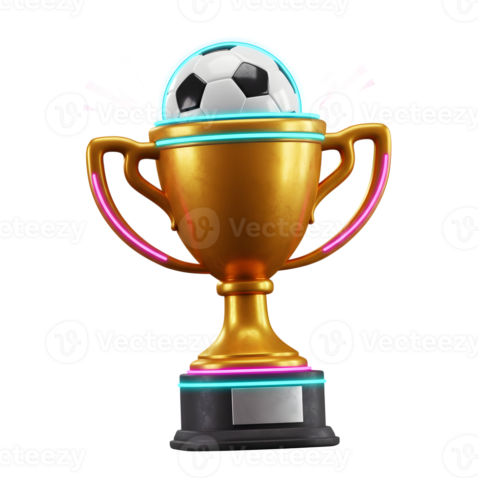 A gleaming golden trophy, adorned with vibrant neon lights, proudly displays a soccer ball. It's a vibrant scene of celebratory triumph png