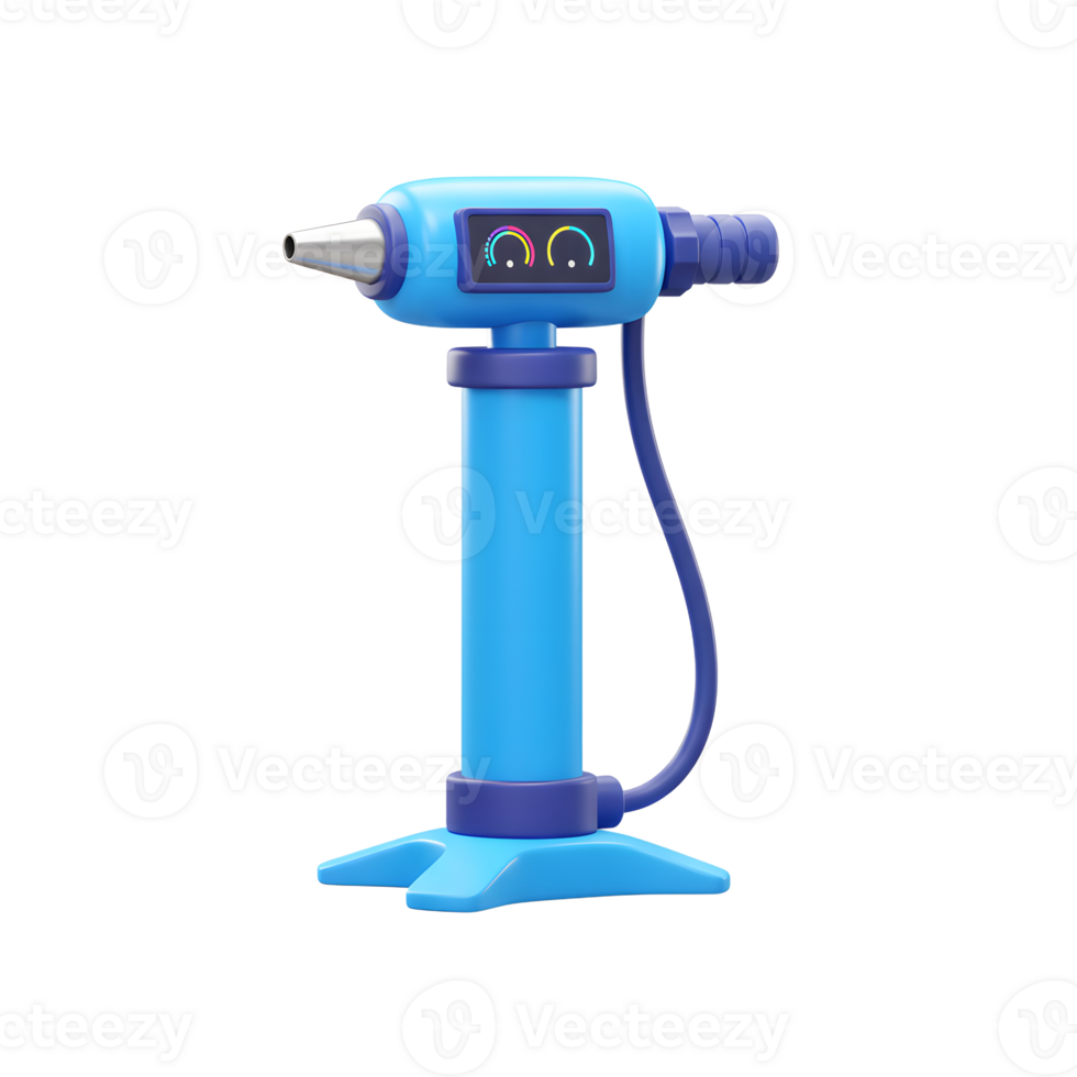 A sleek, modern blue air pump with a digital display stands ready. Its vibrant color and clean design create a fun, techy vibe. png
