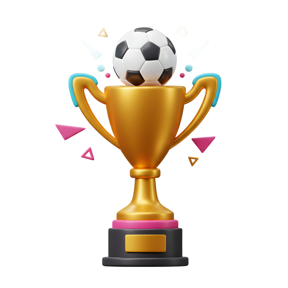 A shiny golden trophy proudly displays a soccer ball, encircled by vibrant geometric shapes. Fun, celebratory, and celebratory png